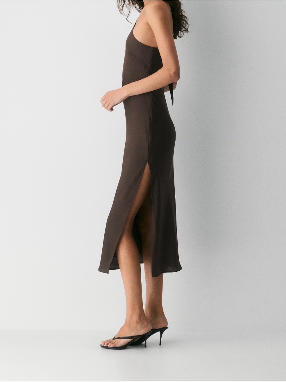 Aritzia One-Shoulder Brown Silk Slip Dress - Picture 2 of 6